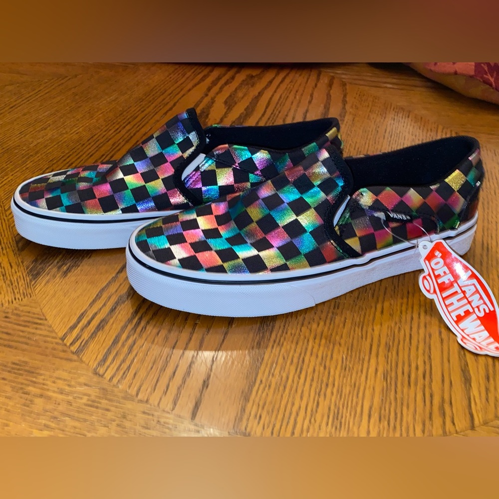 Checkered Rainbow Metallic Slip-On Vans